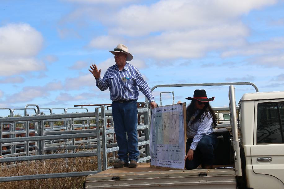 Principal Extension Officer, Joe Rolfe, stands on the back of landcruiser ute tray, using it as a stage as he explains the trial treatment groups.