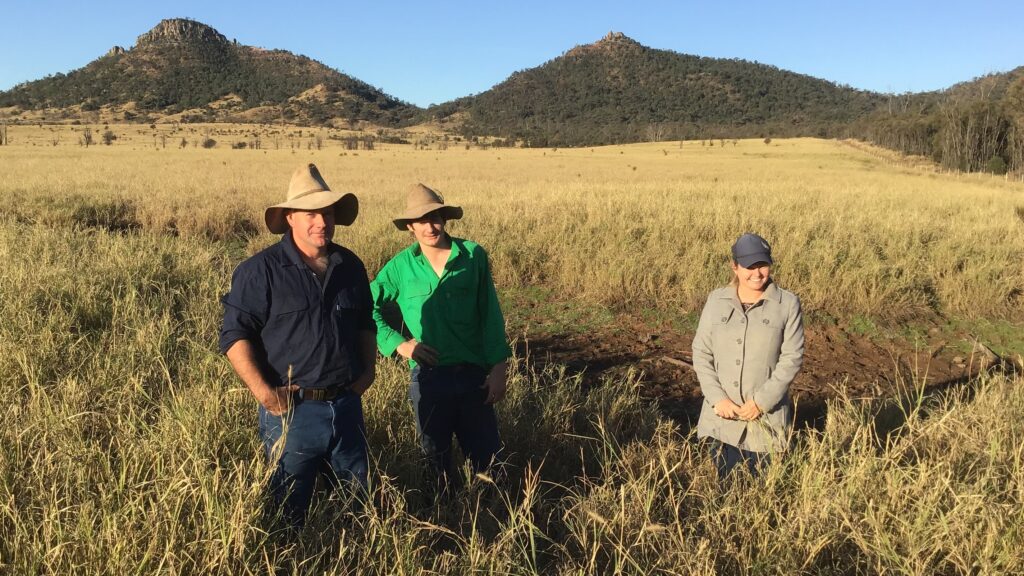 Carbon neutral objective - owners (men in hats) stand in a paddock of buffel grass with technical officer.