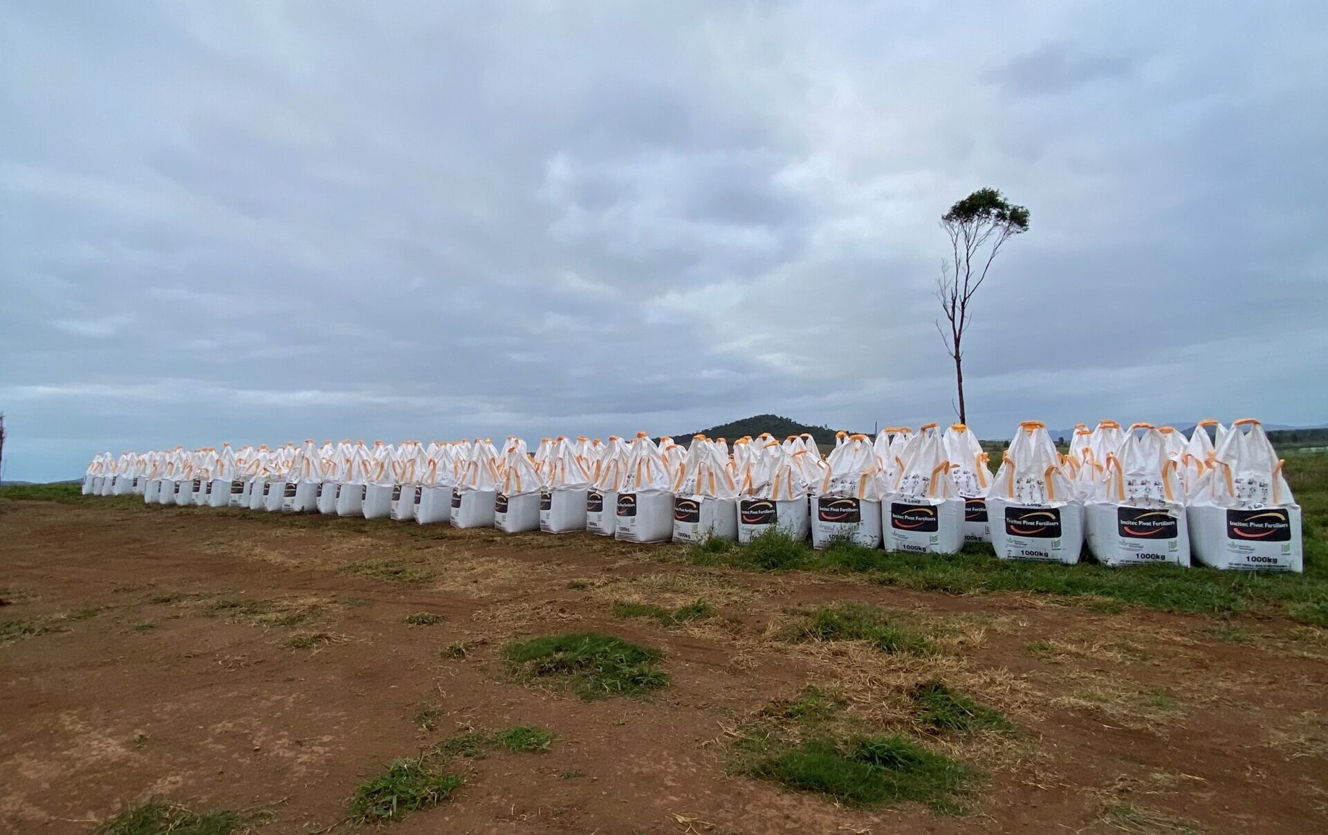 1-tonne bulka bags of fertiliser lined up.