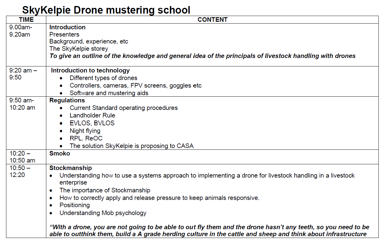 SkyKelpie Drone mustering school agenda