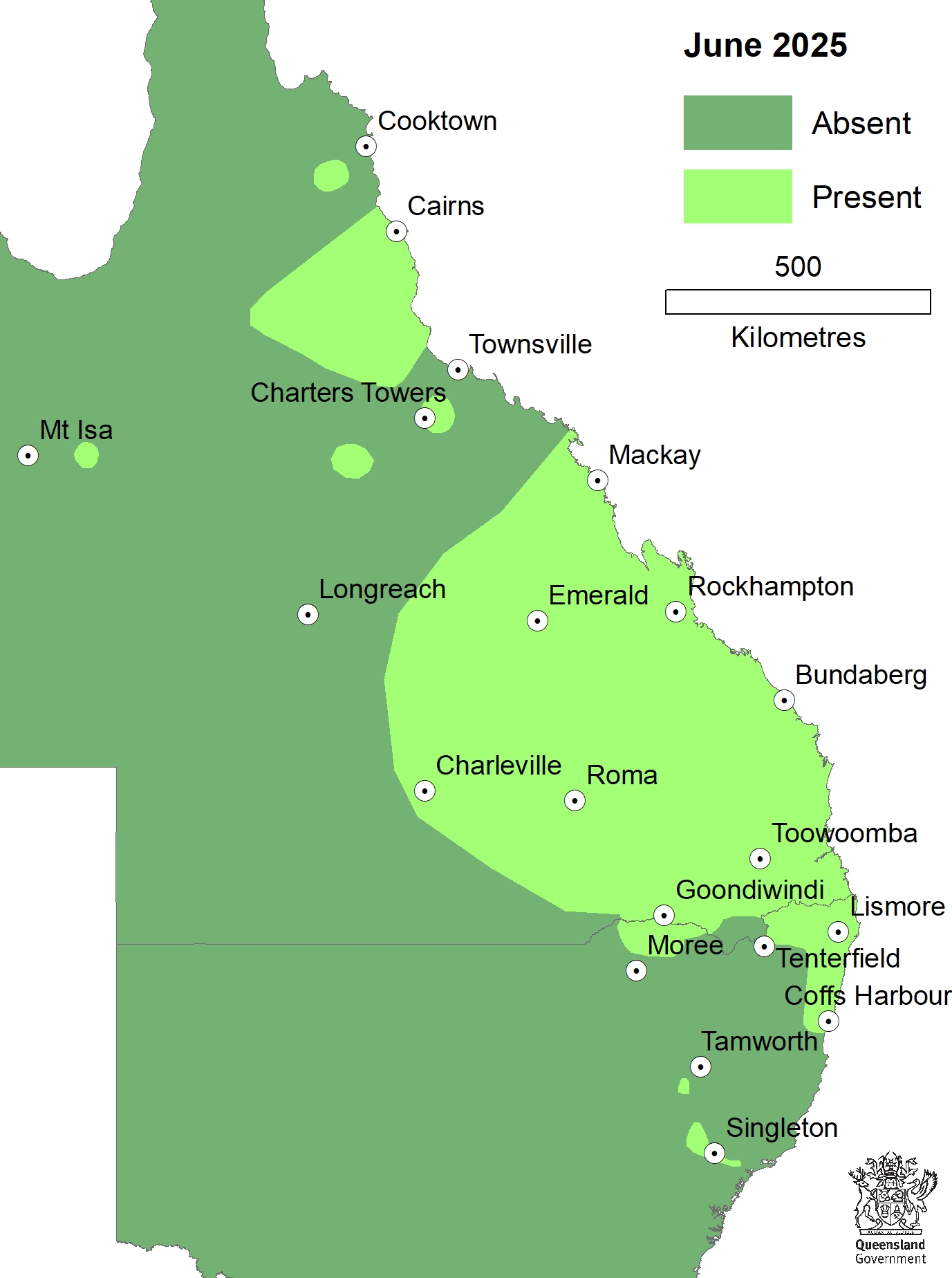 Map of Qld with areas around the eastern part of the state highlighted to show where pasture dieback has been detected.