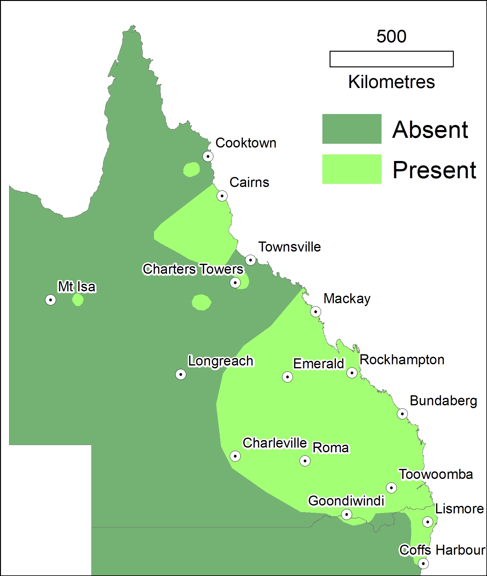 Map of Queensland and northern New South Wales showing (in bright green) areas where dieback has been detected as at June 2024.