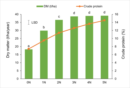 Dry matter growth started to plateau at 3 kg of nitrogen per hectare per day. Crude protein continued to increase.