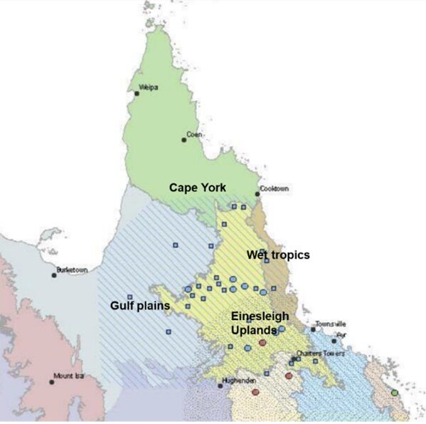 Map of North Queensland with a large shaded area and smaller individual dots.