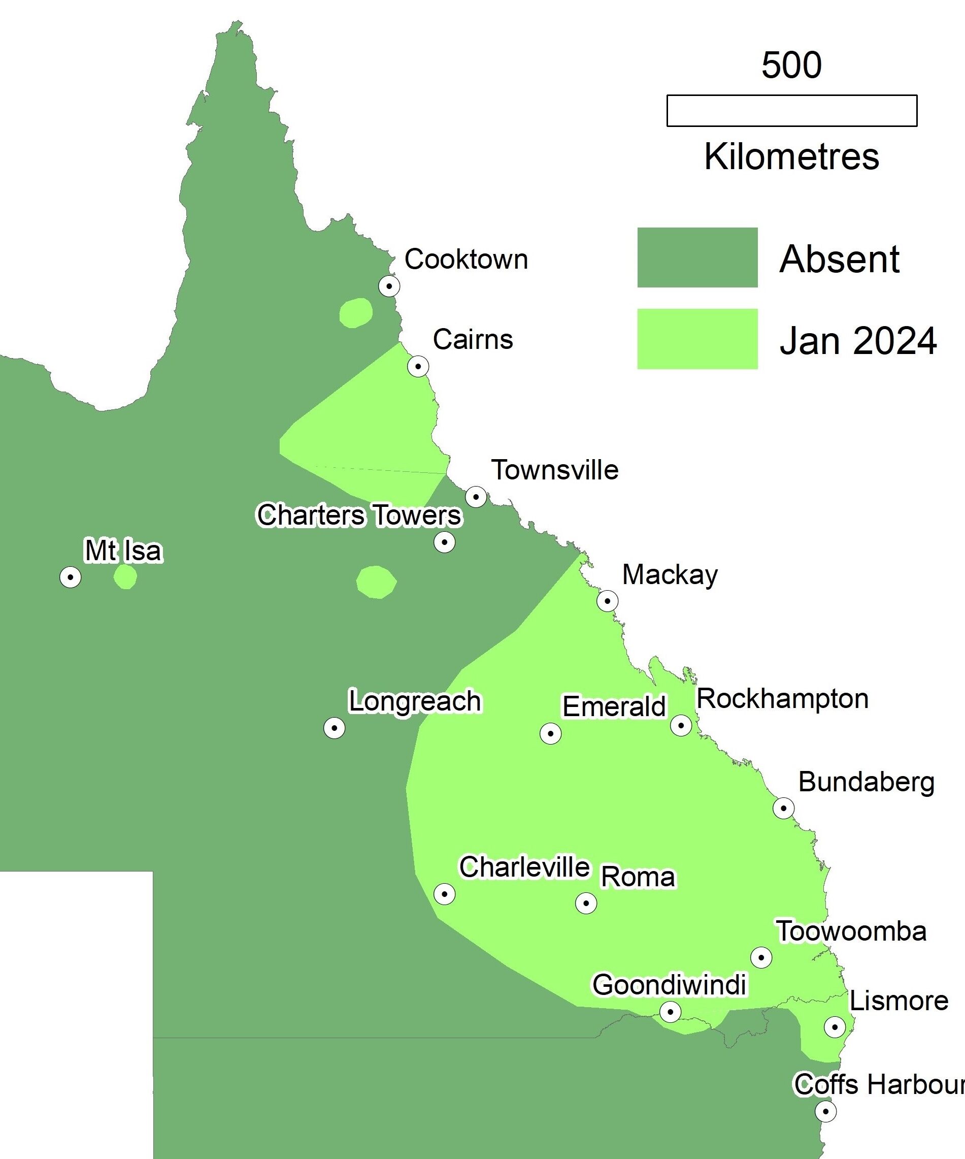 Map of Queensland where areas in the East have been shaded to identify the region in which pasture dieback has been detected since June 2021.