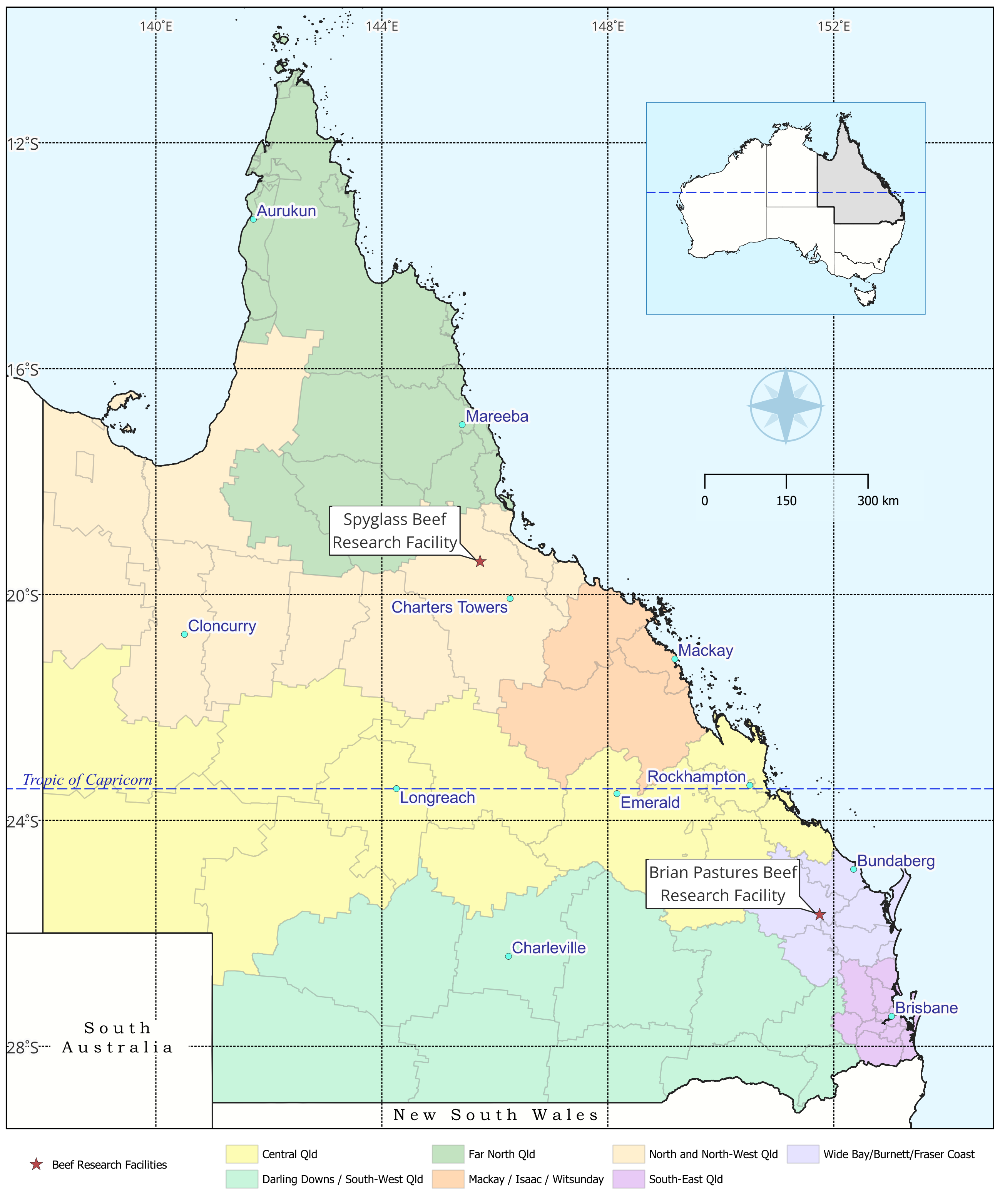 Map illustrating the locations of the Beef Research Facilities in Queensland 