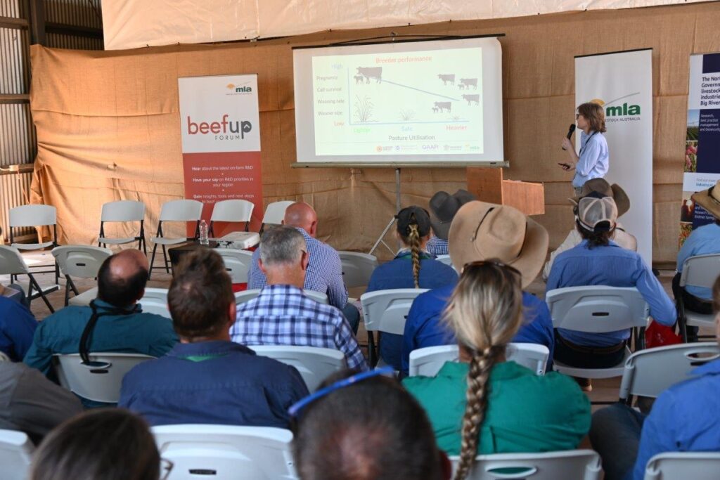 Photo of Robyn Cowley standing in front of forum participants with microphone giving her presentation.