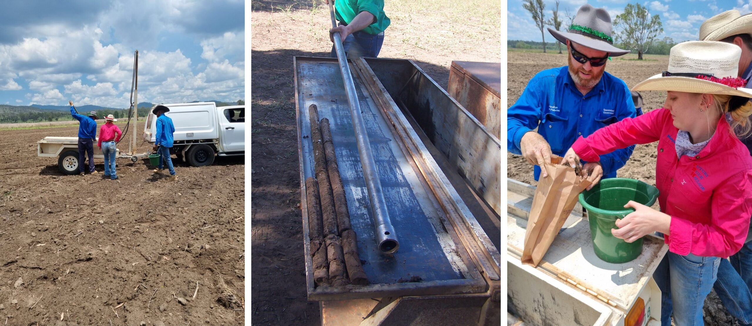 3 panel photo showing 1) soil sampling trailer taking cores, 2) sliding soil cores out of casing and 3) dividing cores up into sections in a bucket