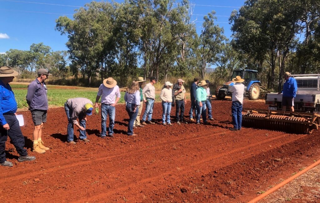 Workshop attendees standing in red soil behind a tractor.