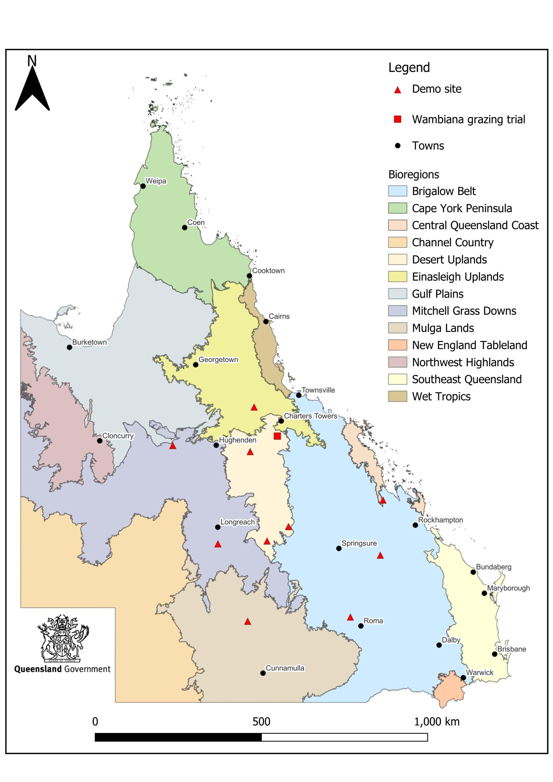 Map of Queensland with the major bioregions marked in different colours. Major towns are marked with black circles, the Wambiana Grazing Trial is marked with a red square south of Charters Towers, and the demo sites are scattered around the state and marked with red triangles.