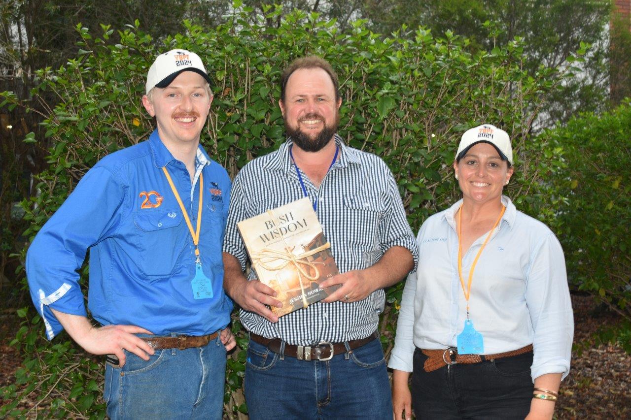 Young Beef Producers' Forum chair Tom Copley, DPI beef extension Officer Tim Emery, and Future Farmers' Network chair Caitlin McConnel at the 2024 Young Beef Producers Forum in Roma. Picture by Ben Harden.