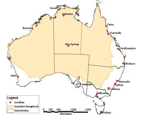 Map of Australia with rangelands area (most of the interior) shaded yellow.