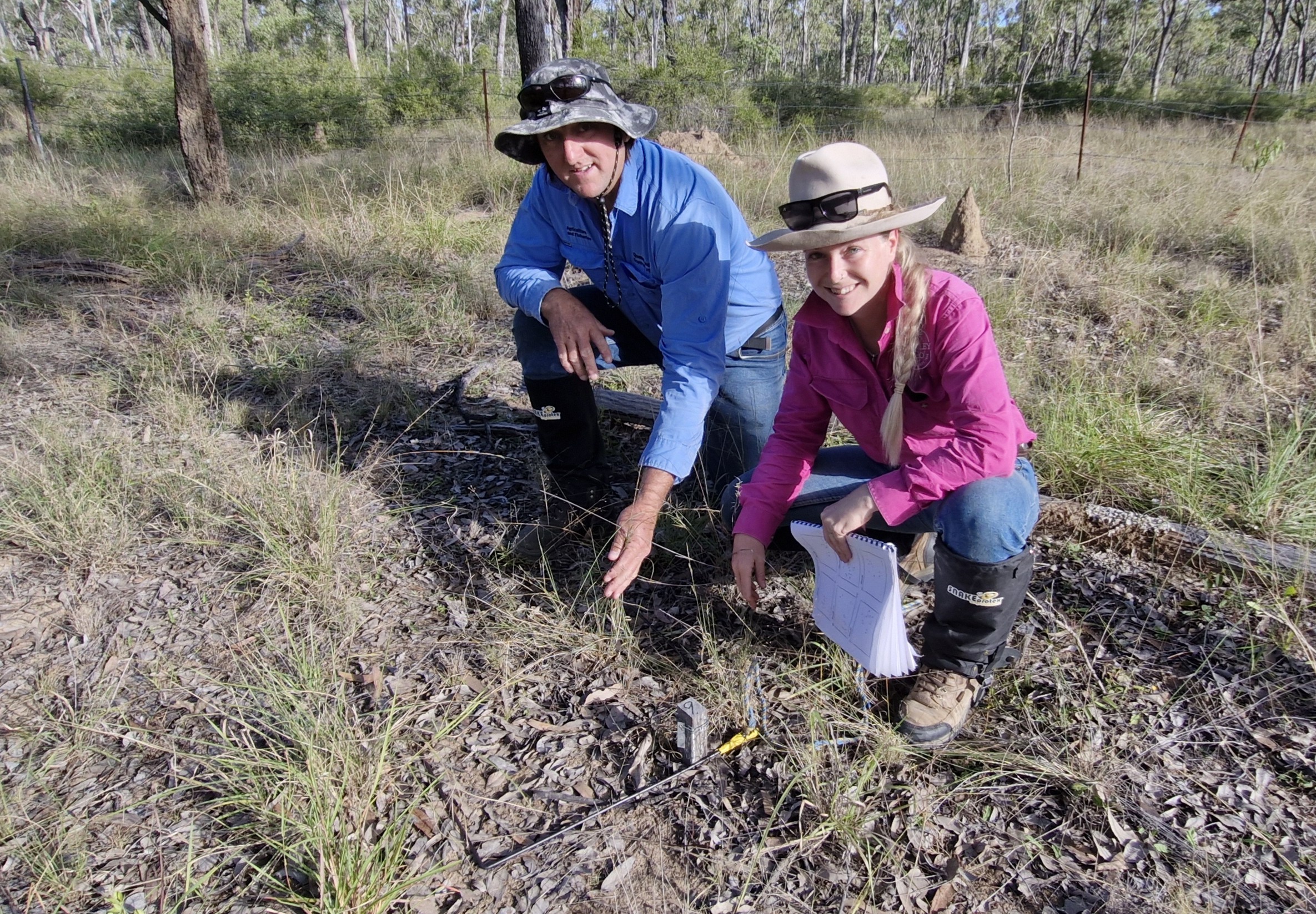 A man and woman crouched on the ground recording observations about the paddock of grass they are in.