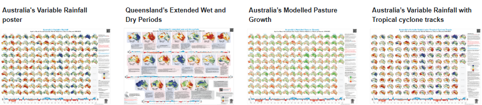 The 4 updated posters: Australia's Variable Rainfall, Queensland's Extended Wet and Dry Periods, Australia's Modelled Pasture Growth, and Australia's Variable Rainfall with Tropical cyclone tracks.