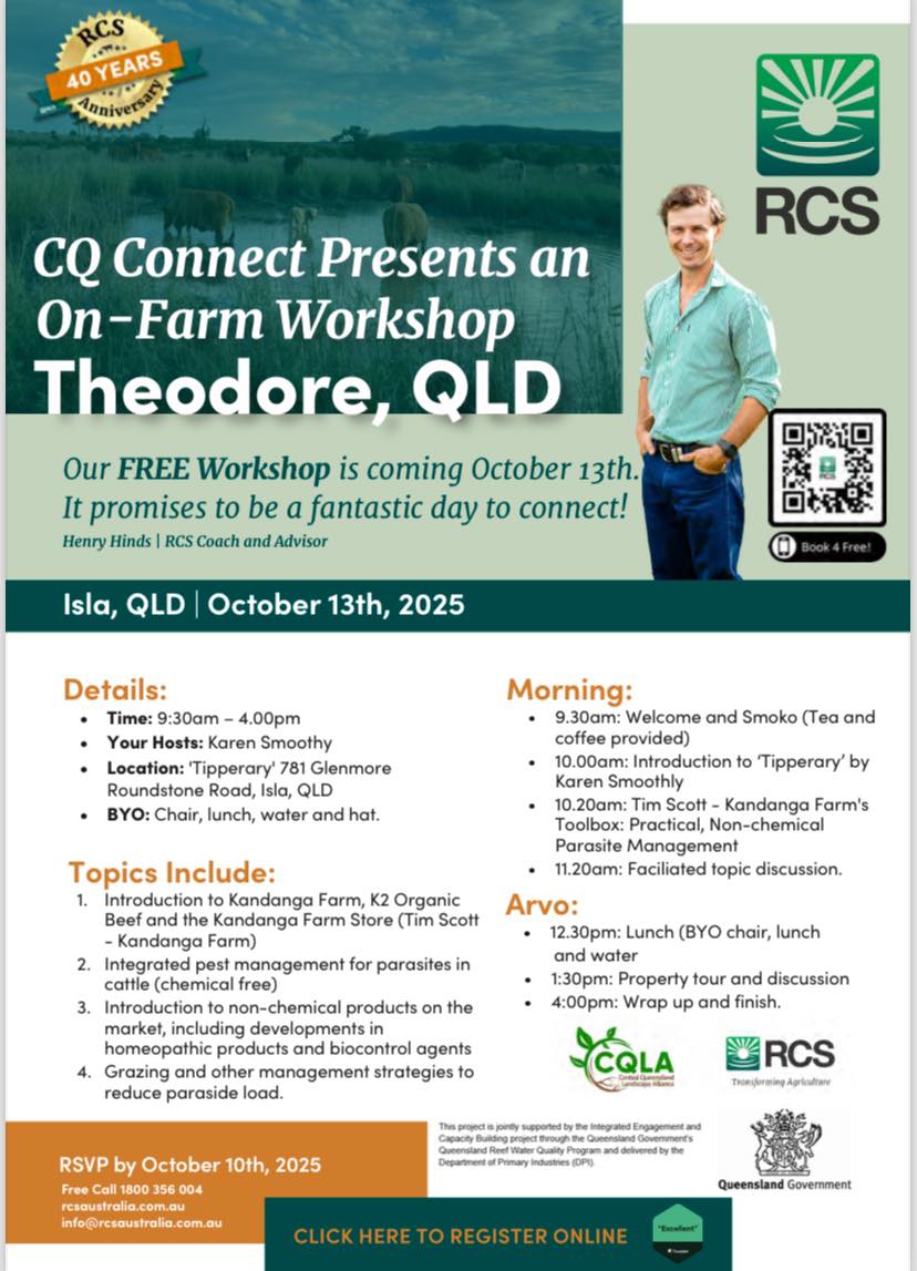 Flyer for RCS and CQLA workshop at Theodore discussing chemical free integrated pest management for parasites in cattle