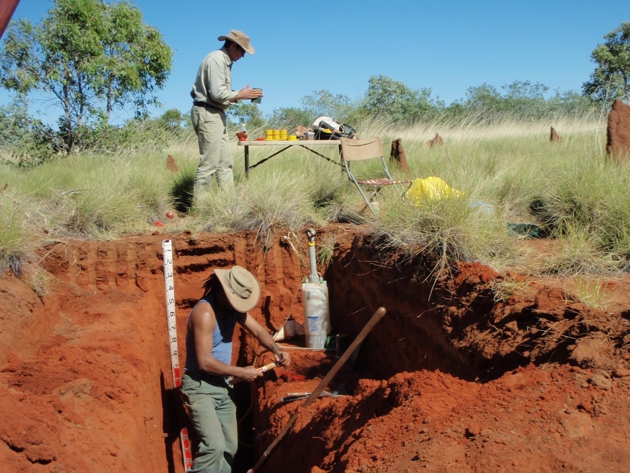 Two people collecting samples out of a soil pit