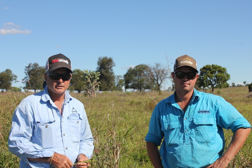 Cyril and Cody close standing in a productive paddock near Roma. Two gentlemen standing in a paddock of grass, long sleeve shirts, caps and sunglasses.
