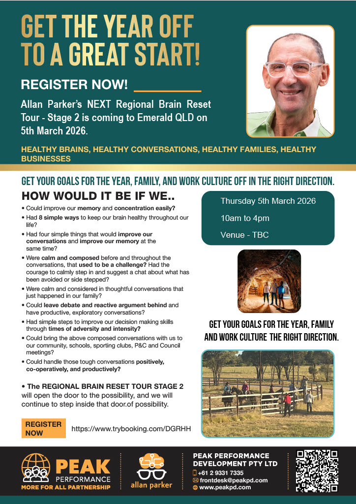 Flyer promoting Allan Parker's Regional Brain Reset Tour - Stage 2, Emerald