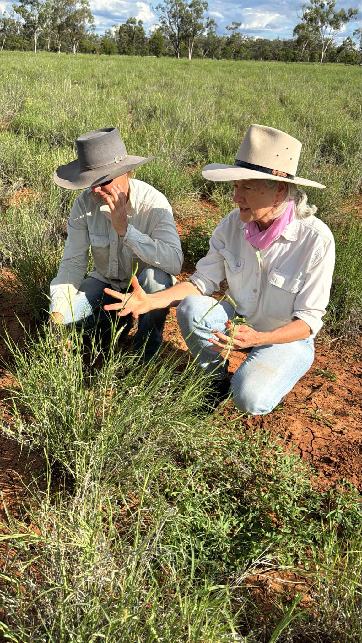 Two ladies crouched down in the pasture talking.