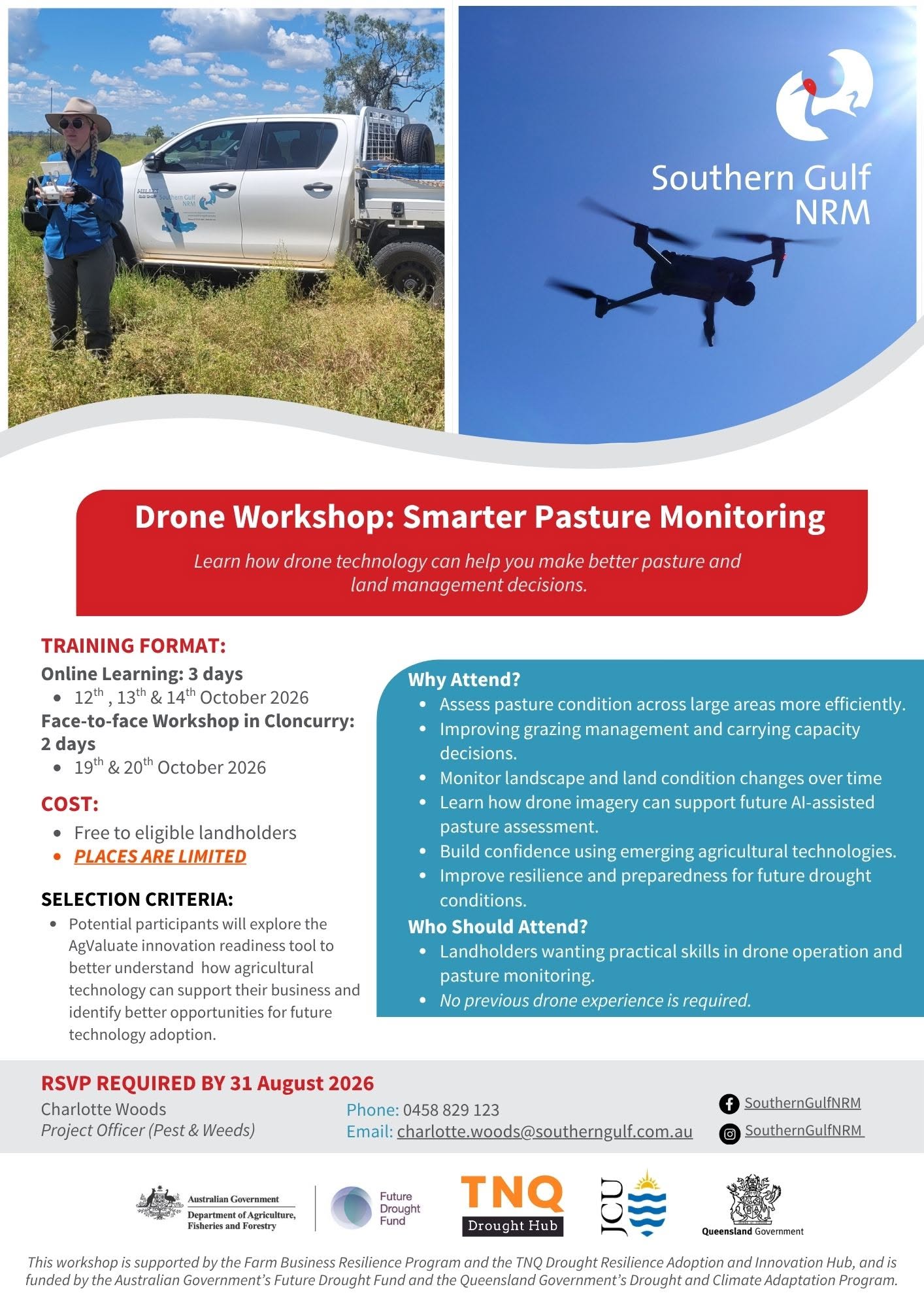 Southern Gulf NRM smarter pasture monitoring drone workshop flyer, October 2026