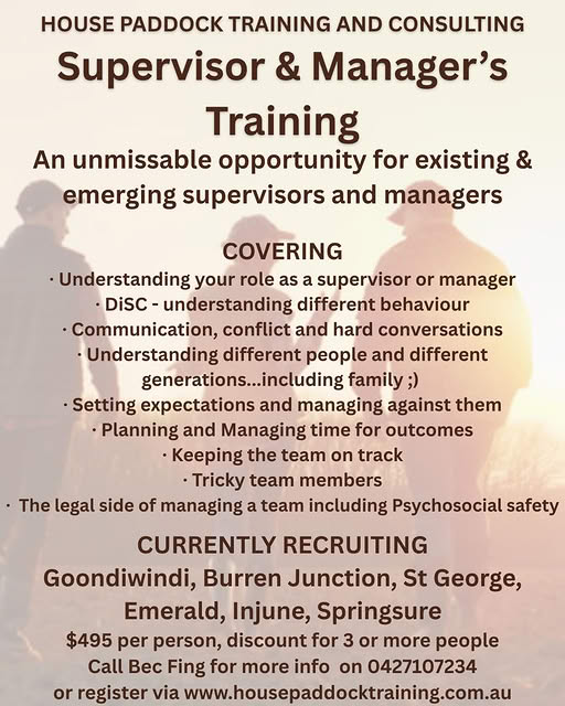 House Paddock Training Supervisors & Managers course Injune August 2026 flyer