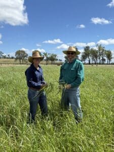 A man and a lady standing in a paddock of lush green grass.
