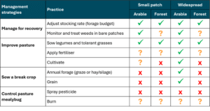 Table summarising the management options for pasture dieback. 
