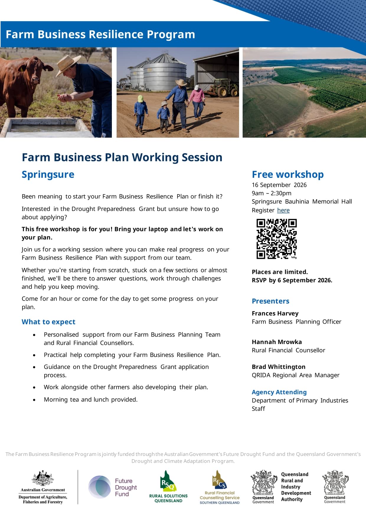Springsure Farm Business Plan Working Session flyer - 16 September 2026