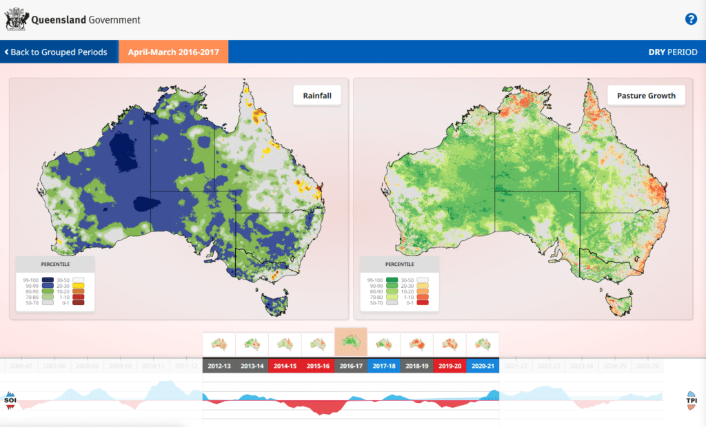 Rainfall and Pasture Growth Map App showing rainfall and modelled pasture growth from 2016-2017