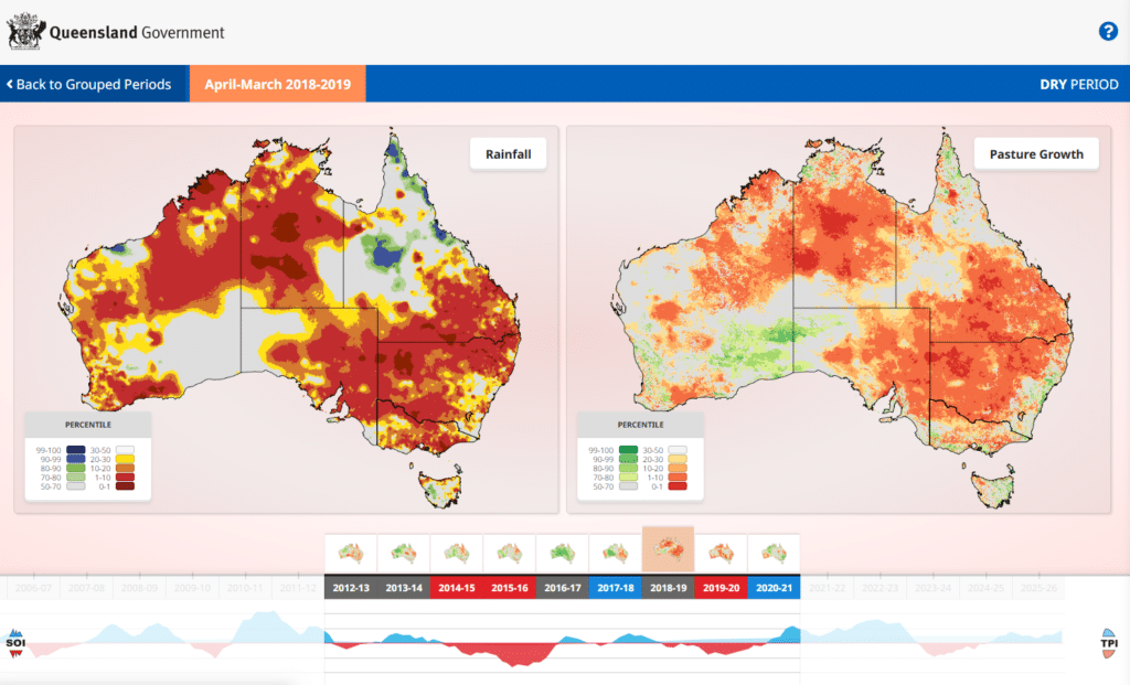 Rainfall and Pasture Growth Map App showing rainfall and modelled pasture growth from 2018-2019