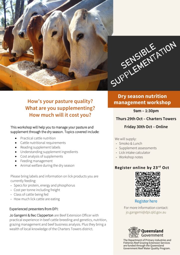 Flyer promoting sensible supplementation workshops in Charters Towers and online in October 2026