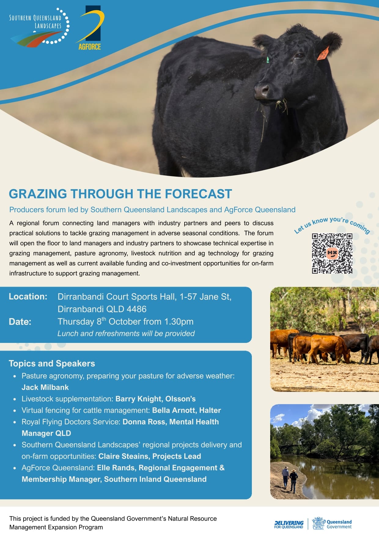 Flyer for a producer forum on grazing management in adverse weather conditions at Dirranbandi