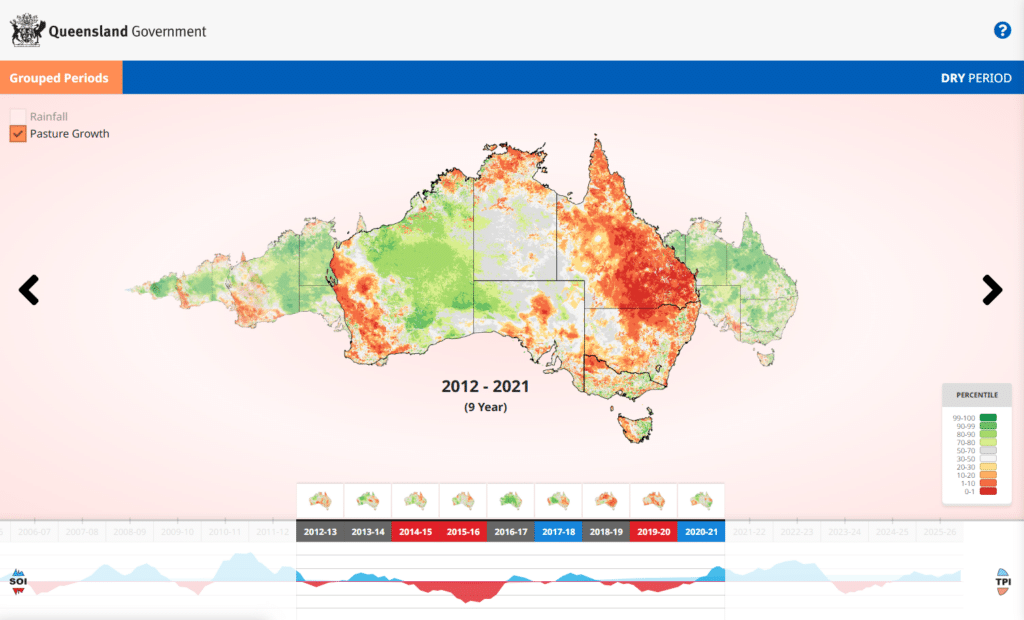 Rainfall and Pasture Growth Map App showing modelled pasture growth from 2012 to 2021
