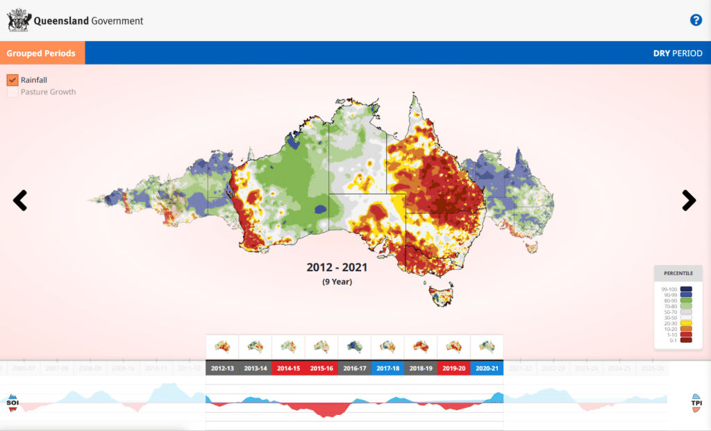 Rainfall and Pasture Growth Map App showing rainfall from 2012 to 2021