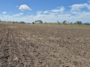 Photo of a paddock with an area of brown cultivated soil.